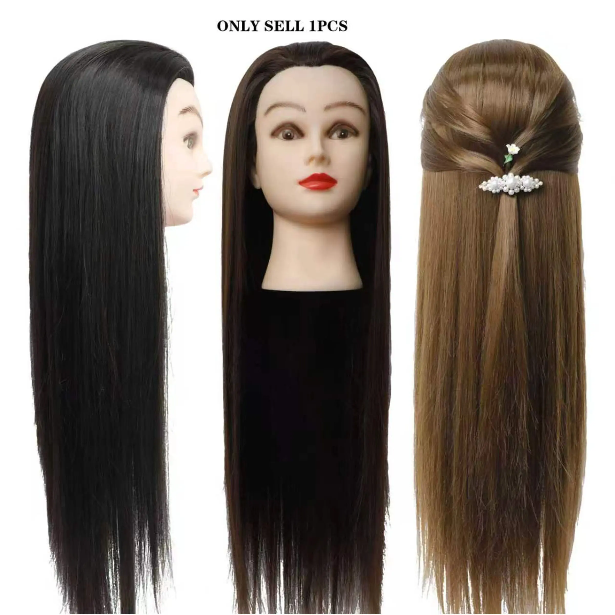 Human Hair Styling Practice Training Mannequin Head with Long Straight Hair in Gold Colors, Includes Table Stand for Hairdressing Salon Use