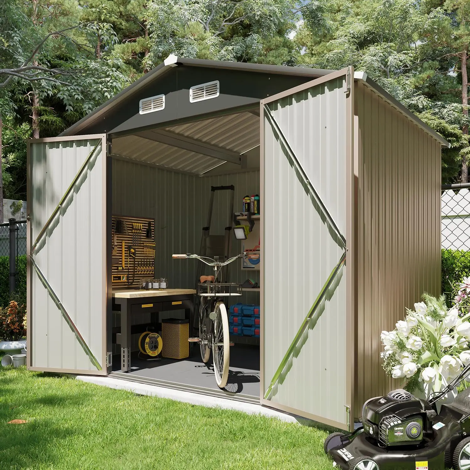 【Ships in 2 Packages】AOXUN  Outdoor storage shed with solid floor, steel tool storage shed with door and lock, metal storage shed, garden storage shed, suitable for backyard garden patio and lawn