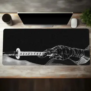 Japanese Katana Pattern Mouse Pad, Rectangular Gaming Mouse Pad, Office Desk Keyboard Mat with Non-Slip Rubber Base & Stitched Edge for Home & Office Gaming