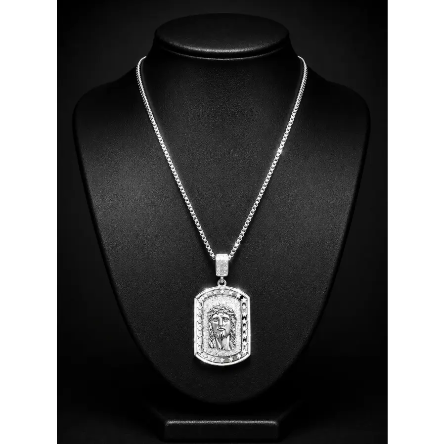 Iced Silver Jesus Head Dog Tag Pendant with 30" Box Chain Necklace