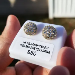 AAA+ Fine CZ Unisex Premium Iced Earring Earrings Iced 14K Gold Plated High End Brass 10mm(Diameter) Screw Back For Men Women (ER5453)