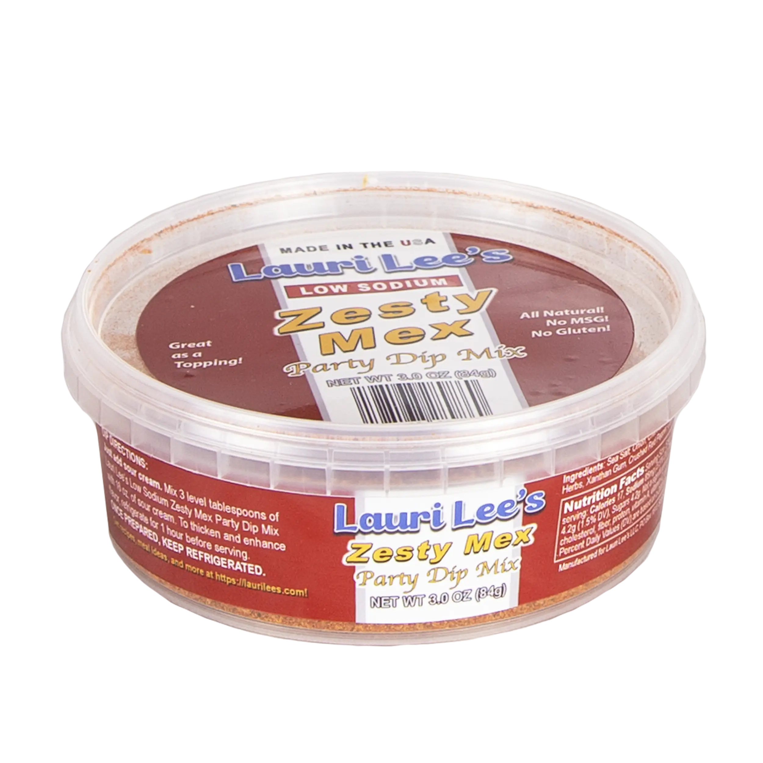 Lauri Lee's Low Sodium Zesty Mex Party Dip Mix - 3 oz. Tub - Zesty and Delicious, Also Great for Toppings - Made in USA