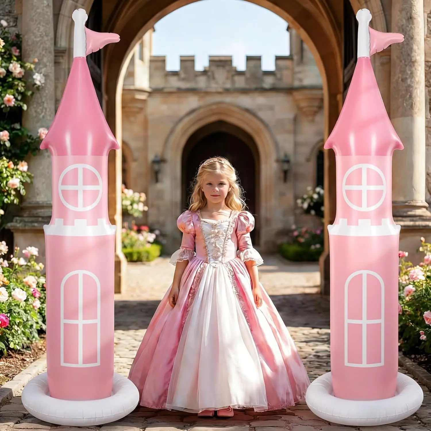 2 Pack Pink Inflate Castle Princess Birthday Decor | 6.2 FT Tall Backdrop for Princess Birthday Party, Blow up Yard Decorations for Indoor Outdoor, Reusable Party Supplies