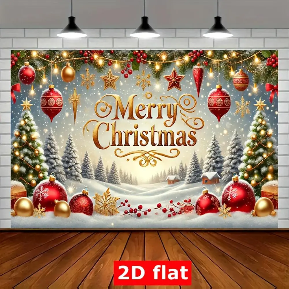 1pc 2D Flat [Christmas] Festive Christmas Party Banner - ft Polyester Backdrop with Snowy Winter Scene Red and Golden Decorations "Merry Christmas" Text - Perfect for Holiday Celebrations Home Ga