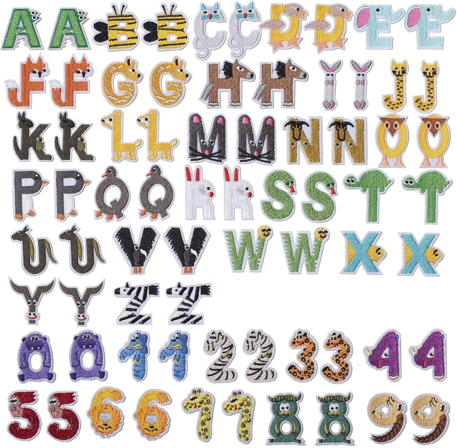 72-Piece Fully Embroidered Letter & Animal Alphabet Patches Set - Cotton A-Z Letters, 0-9 Numbers, Iron-On/Sew-On Embroidery Supplies for Children's Clothes, Hats, Letter Embroidery Design, Sewn Embroidery