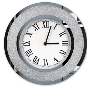 Silver Round Mirror Clock 12 inch. Glam Sparkle Twinkle Shining Mirrored for Wall Decoration Decor