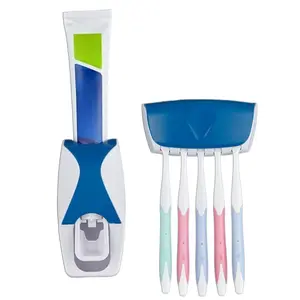 Wall-mounted two-piece toothpaste and toothbrush holder set, featuring a push-button toothpaste dispenser and toothbrush storage. Ideal for bathroom organization, a must-have for lazy people. Compatible with multiple toothbrush sizes.