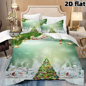 2D Flat 3Pcs Christmas Tree Bedding Winter Snow Village Printed Duvet Cover Soft Microfiber Bedding Collection Xmas Holiday Bedroom Decoration Festive Home Decor Gift (1 Duvet Cover + 2 Pillowcases, No Comforter)