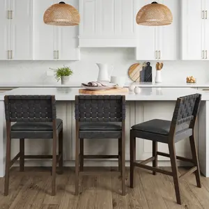 Faux Leather Woven Counter Height Bar Stools Black (Set of 3)