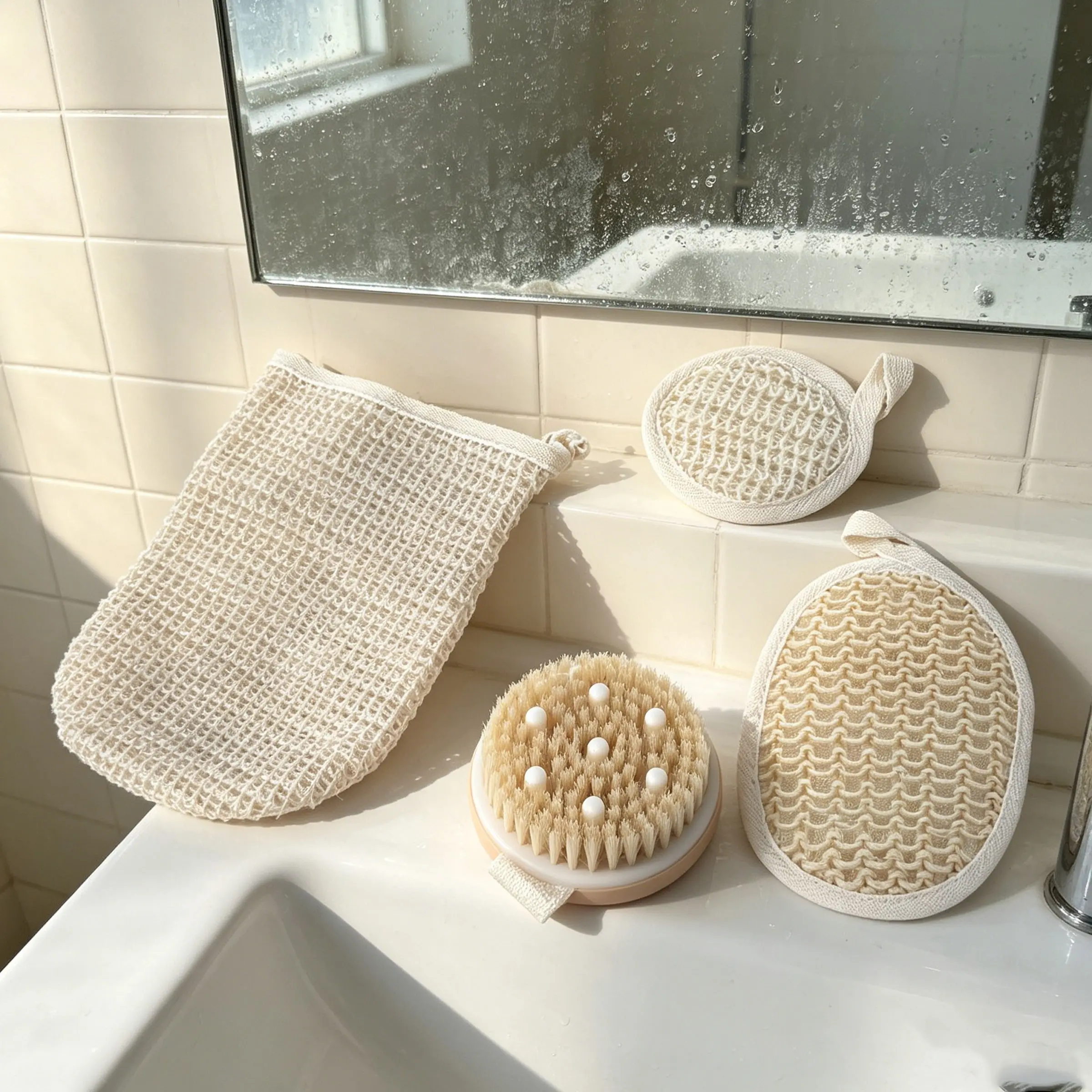 Bath Tools Set Bath Brush Scrub Gloves Scrub Towel, Exfoliating Back Washcloth, Facial Scrub Towel Cotton and Linen Scrub Towel, Scrub Back Tools Loofah Sponge Set, Bath Scrubber, Cotton Hemp Exfoliating Mitt Summer Bath Accessories