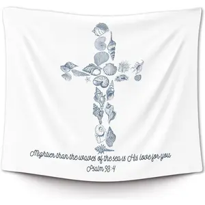 Christian Shell Cross Wall Tapestry, Bible Verse Beach Coast Ocean Wall Tapestry, Suitable for Beach Style Homes and Bedrooms, Blue Easter Tapestry, Vintage Design Home Textile Decor