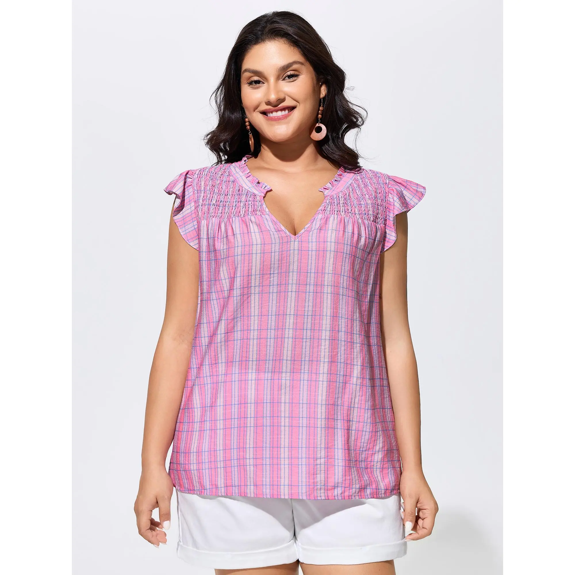 BloomChic Plus Size Colorful Striped Resort Shirt with Ruffle Sleeve and Shirred Neckline, Shirts, Colorful Style, Resort Wear, Regular Length, Rayon Blend, Smooth, Garment, Nylon, Fabric, Cap Sleeve, Modest Fashion, Chic Curves, Plus Size Tops, Smooth Fi
