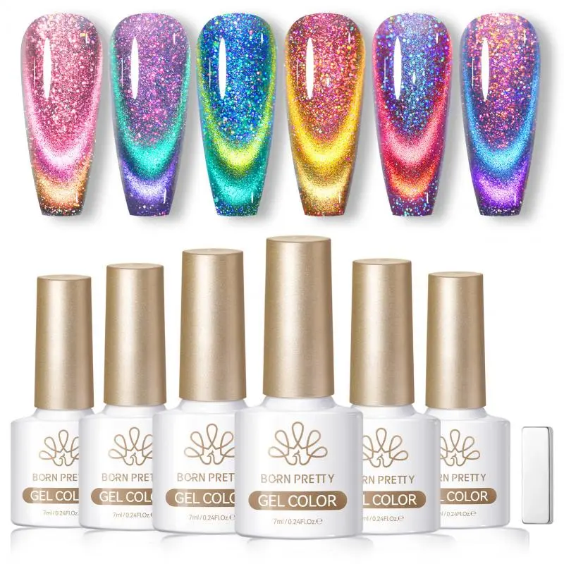 BORN PRETTY 6-Piece Cat Magnetic Gel Polish Set - 9D Chameleon Holographic Glitter, Blue Purple Rainbow Cat Eye, Long Lasting Nail Care Cosmetic with Magnet for Halloween Nails DIY Manicure Gifts,familyfun