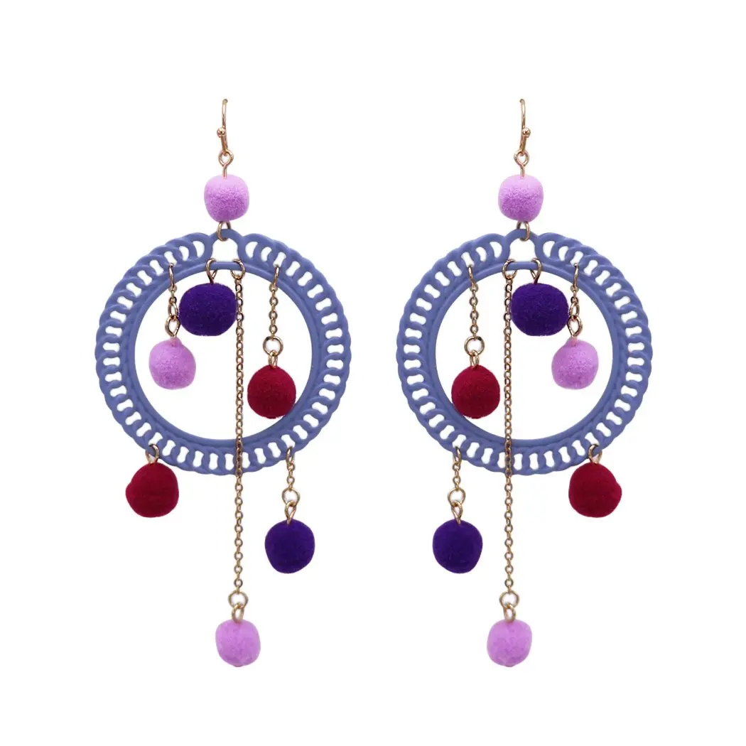 Fuzzy Pom Pom Hoop Statement Earrings (Purple)