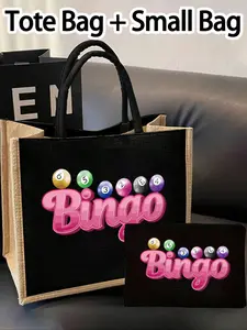 Bingo Printed Linen Handbag Set, Wallet, Foldable Shoulder Bag, Matching Makeup Bag, Lightweight Large Capacity, Eco-Friendly Fabric, Letter printed handbag