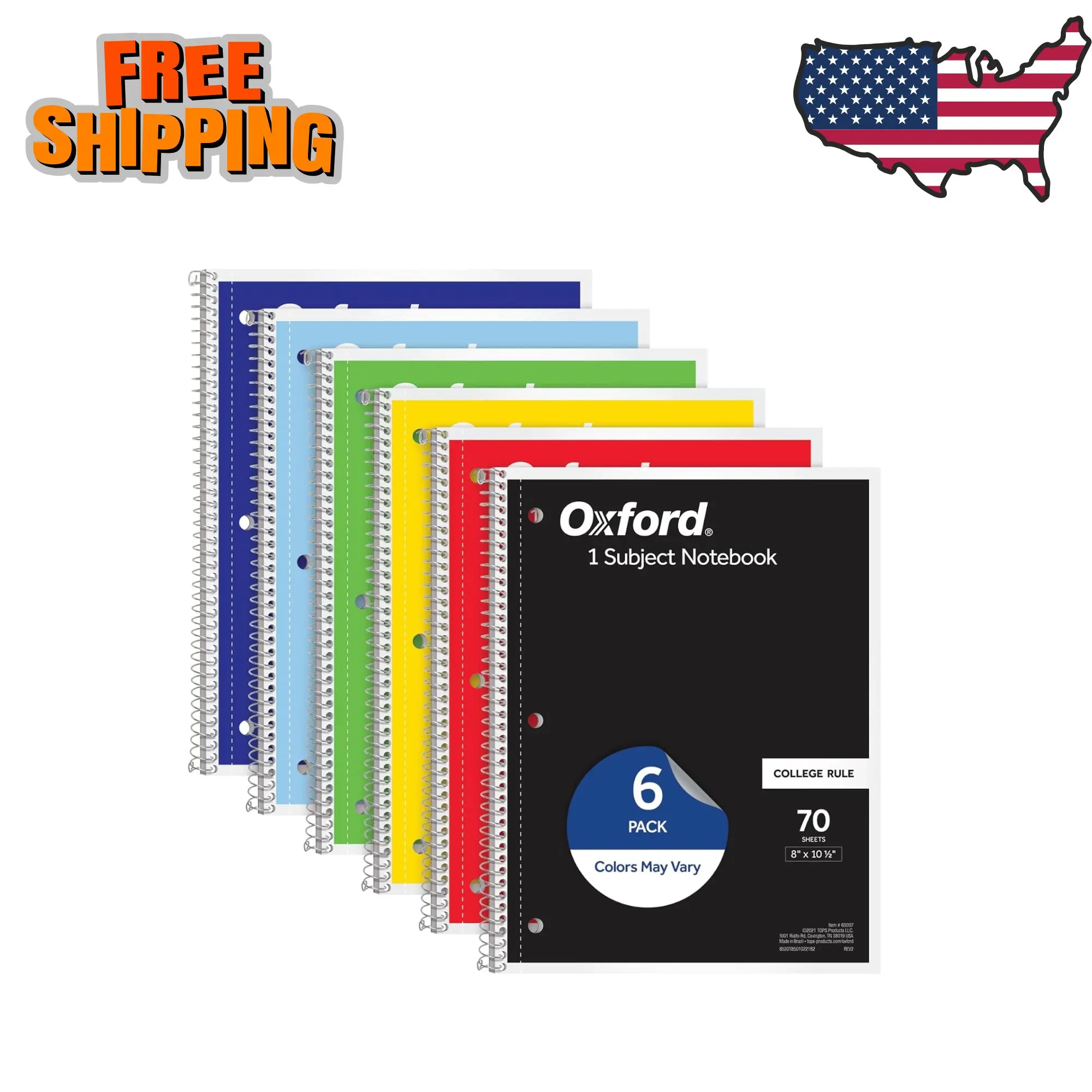 Spiral Notebook 6 Pack, 1 Subject, College Ruled Paper, 8 x 10-1/2 Inch