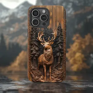 Deer 3D Wood Effect Phone Case, Hunting Phone Case, Wildlife Design Case, Large Stag. Case for IP 11 12 13 14 15 16 17 Pro, Plus, Promax, S21,22,23,24,25 Ultra, Tough Case, Magsafe Case