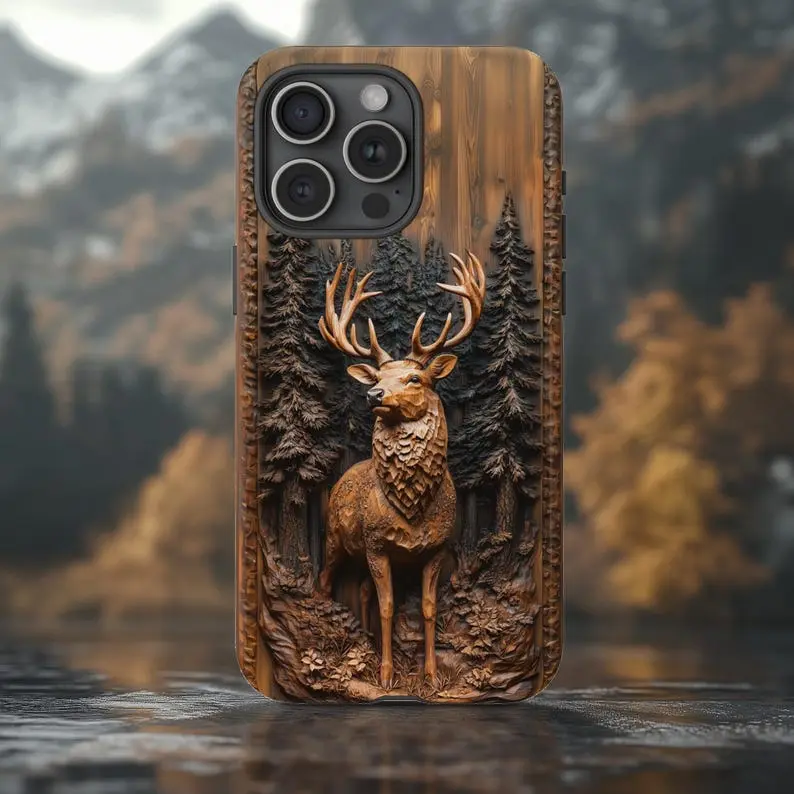 Deer 3D Wood Effect Phone Case, Hunting Phone Case, Wildlife Design Case, Large Stag. Case for IP 11 12 13 14 15 16 17 Pro, Plus, Promax, S21,22,23,24,25 Ultra, Tough Case, Magsafe Case