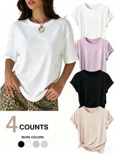 Women's 4-Pack Casual Basic T-Shirts, Crew Neck Rolled Cuff Short Sleeve Tops, Soft Solid Color Tees for Everyday Wear & Layering