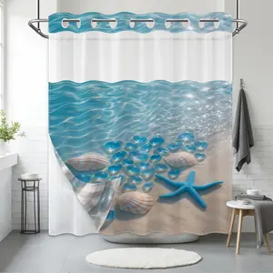1 Pack No Hook Double Layer Shower Curtain, Light Blue Beach Shell Print Bath Curtain, Machine Washable, Waterproof, Mildew Resistant, Durable Fabric, Coastal Vacation Bathroom Decor, Removable Liner, Top See-Through Window, Partition Curtain 71"×74"