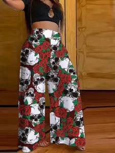 Women's Halloween  Floral & Skull Print Wide Leg Pants, Casual Comfy Elastic Waist Trousers for Daily Wear, Ladies Bottoms for All Seasons