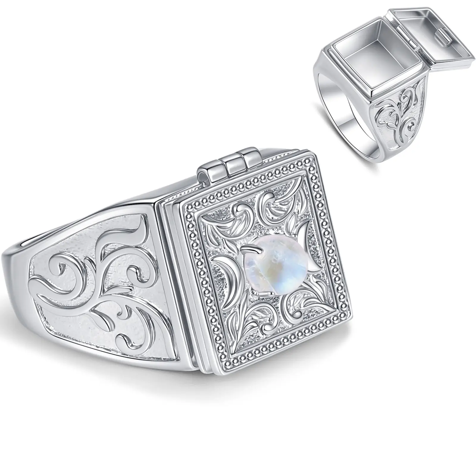 IXLUCK Women's Blue Flash Moonstone Poison Ring, Statement Astrology Jewelry with Triple Moon Goddess Carving, Hypoallergenic Copper with Secret Compartment, Rings For Women
