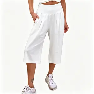Women’s Summer Cotton-Linen 7/8 Length Wide-Leg Pants - Wrap Waist for Snug Fit, Practical Pockets, Lightweight Fabric for Cool Wear