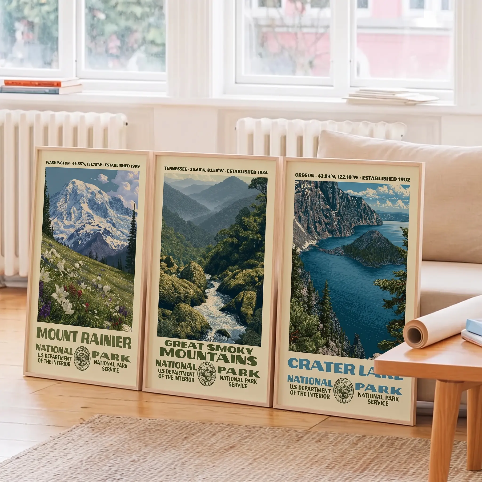 Set of 3 National Park Glossy Posters, Mount Rainier Great Smoky Mountains Crater Lake Wall Art, Vintage Travel Prints, Nature Home Decor Gift