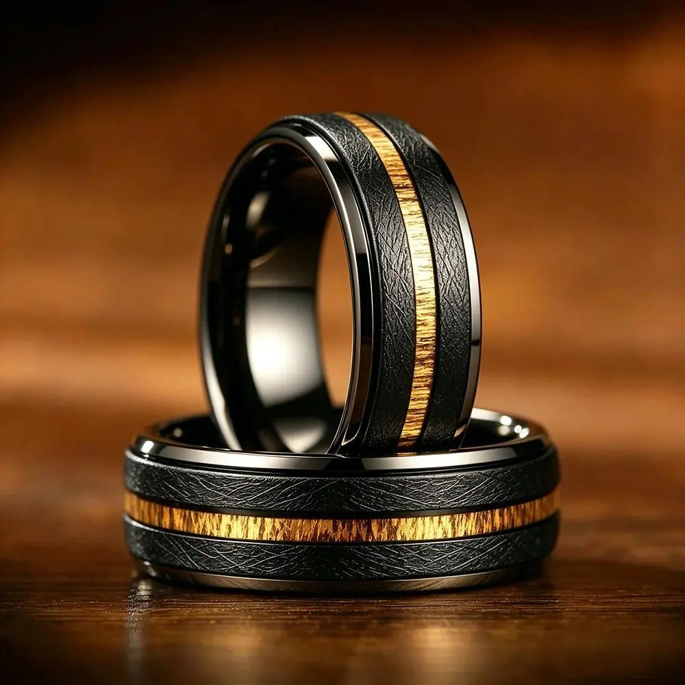 Men's 8mm Black Stainless Steel Ring with Hawaiian Koa Wood Inlay, Matte Brushed Finish, Handmade Polish, Round Band, Vintage Punk Fashion Jewelry for Wedding, Party Occasions