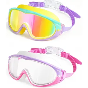 2 Pack Wide View Swimming Goggles, No Leaking Kids Swim Goggles with Anti-Fog/UV HD View Kids Goggles Boys Girls 3-15