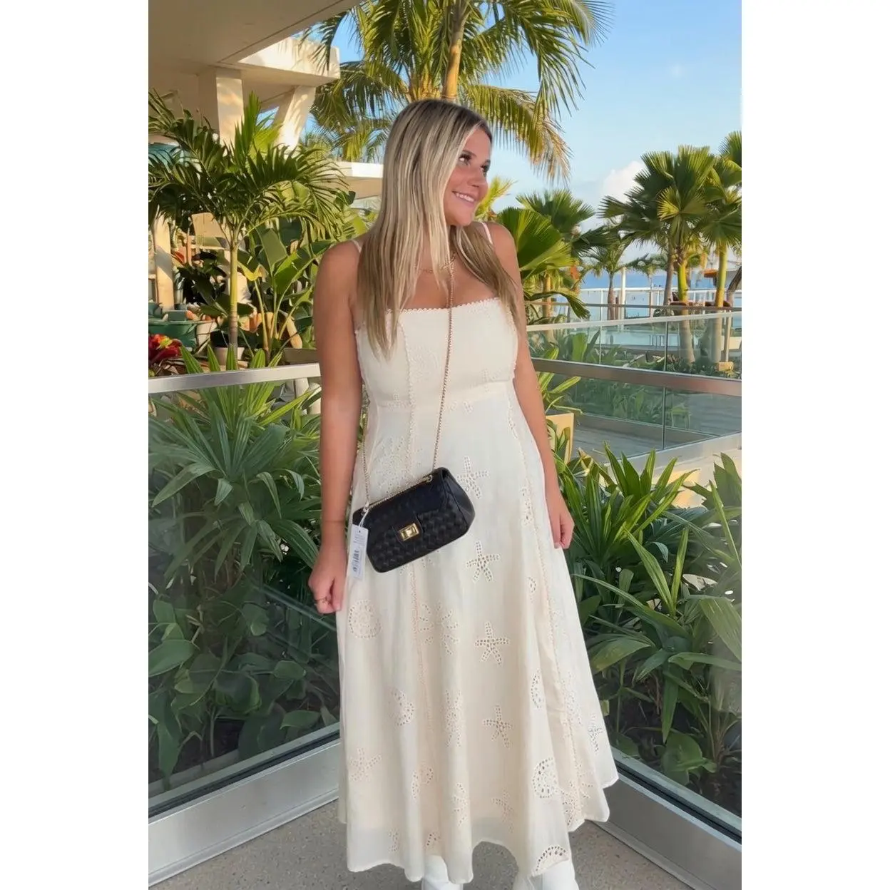 Women's Polyester Coastal Eyelet Embroidery Sleeveless Fitted Flare Midi Dress - Cream, Bridal Elegance Style, Breathable