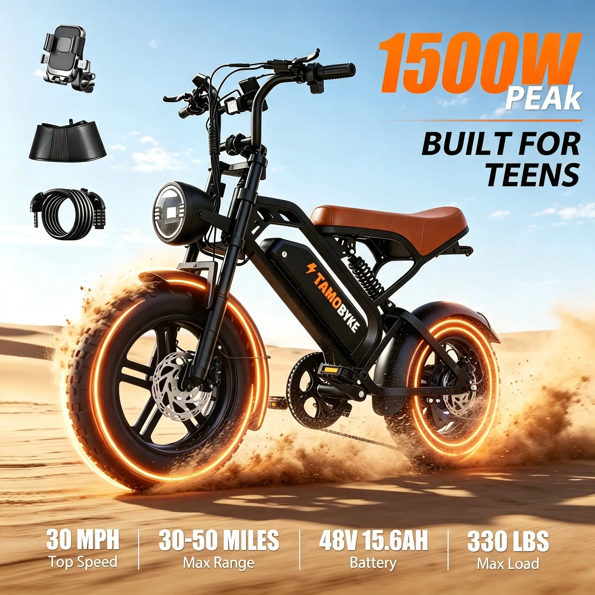 【SummerSALE】V20 MINI, Electric Bike for Teens & Childs, 1500W Motor 48V15.6Ah Removable Battery, 30MPH Off-Road Electric Bicycle,Built-in alarm,16"Fat Tire Ebike for Kids, 7-Speed,Dual Hydraulic Brakes,Built-in alarm system, Fits Riders 4'5"-5'4"