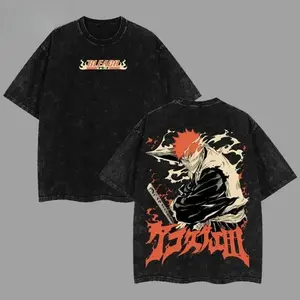 Retro Vintage Ichigo Kurosaki Rage Bankai Bleach Anime Loose-Fitting Oversized Round Neck Short-Sleeve Heavyweight Washed Cotton Unisex Streetwear T-Shirt Top, for Bleach Anime Fans