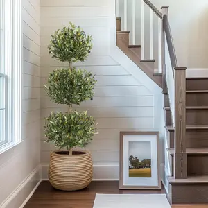 Realistic 59 Inch Ball Topiary Artificial Olive Tree – Fake Potted Green Plant with Olives, Moss Bag & White Planter – Faux Tree for Indoor Living Room & Outdoor Porch