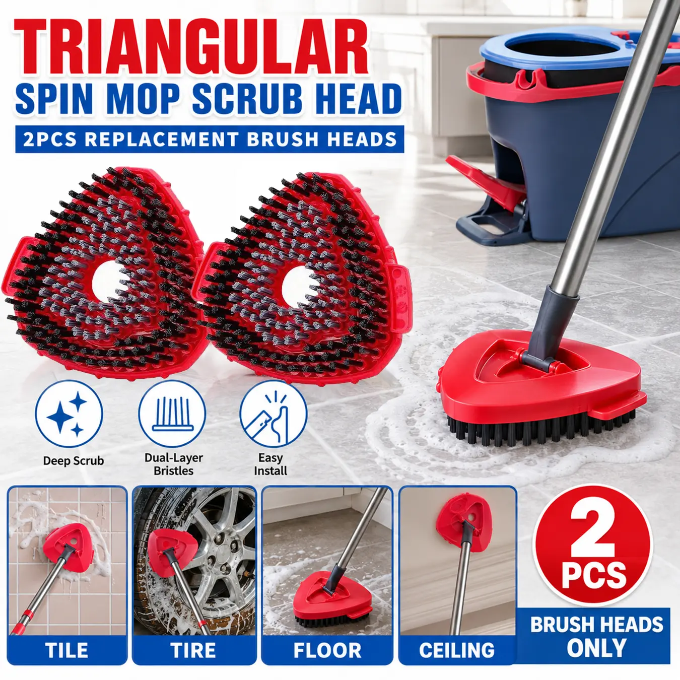 2 Pcs Spin Mop Brush Heads, Spin Mop Replacements, Dual-layer construction, Triangle 360 Rotating Mop Head Replacement, Premium Material, Easy to Replace, Hard Bristle Cleaning Brush for Bathroom Kitchen Tile, Microfiber Spin Mop Head