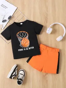 Two-piece Set Boy's Basketball & Letter Print Top & Shorts Set, Casual Round Neck Short Sleeve Top & Shorts for Daily Wear, Sporty Set, Kids Summer Clothes, Basketball Theme