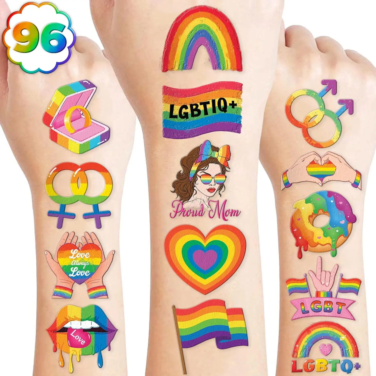 96PCS Happy Pride Month LGBT Temporary Tattoos for Kids - Skin-Safe Fake Tattoo Stickers for Boys & Girls | Cute Rainbow Party Favors, Birthday Decorations & School Rewards