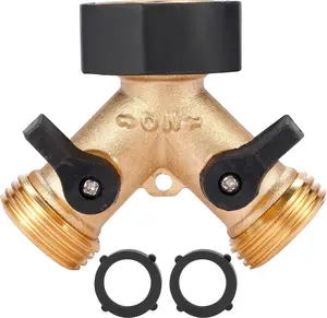 Garden Hose Splitter 2 Way Heavy Duty, Y Connector Brass Garden Hose Adapter, Hose Bib Splitter with 2 Extra Rubber Washers