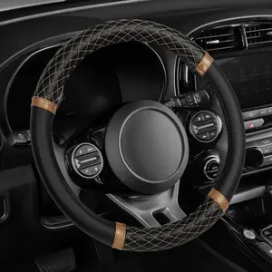 Carbella Diamond Quilted Steering Wheel Cover - Elegant Stylish Comfort, Fits Standard Wheels 14.5-15.5 Inches - Black w/ Bronze Gold