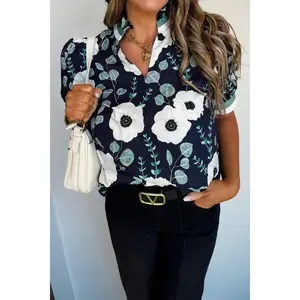 Blue Floral Print Striped Patchwork V Neck Short Sleeve Blouse