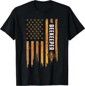 Cotton(pure) Beekeeping American Flag Honeycomb Honey Bees Beekeeper T-Shirt