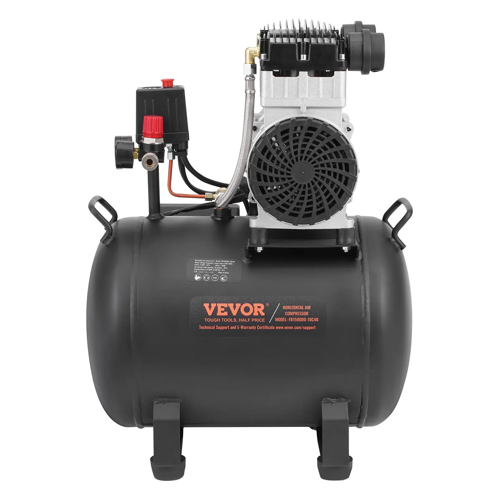 VEVOR 2HP Oil-Free Motor Pneumatic Air Compressor, 40L/10gal Steel Tank, 1680rpm, 78dB Ultra-Quiet with Silent Mufflers, 5.3cfm, 125psi, 28.3x15.4x28.0 Inch Durable Portable Unit for Spray Painting, Woodwork Nailing