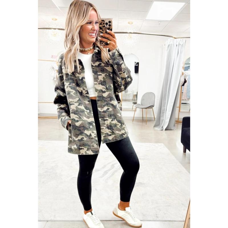 Green Camo Chest Pockets Loose Jean Jacket