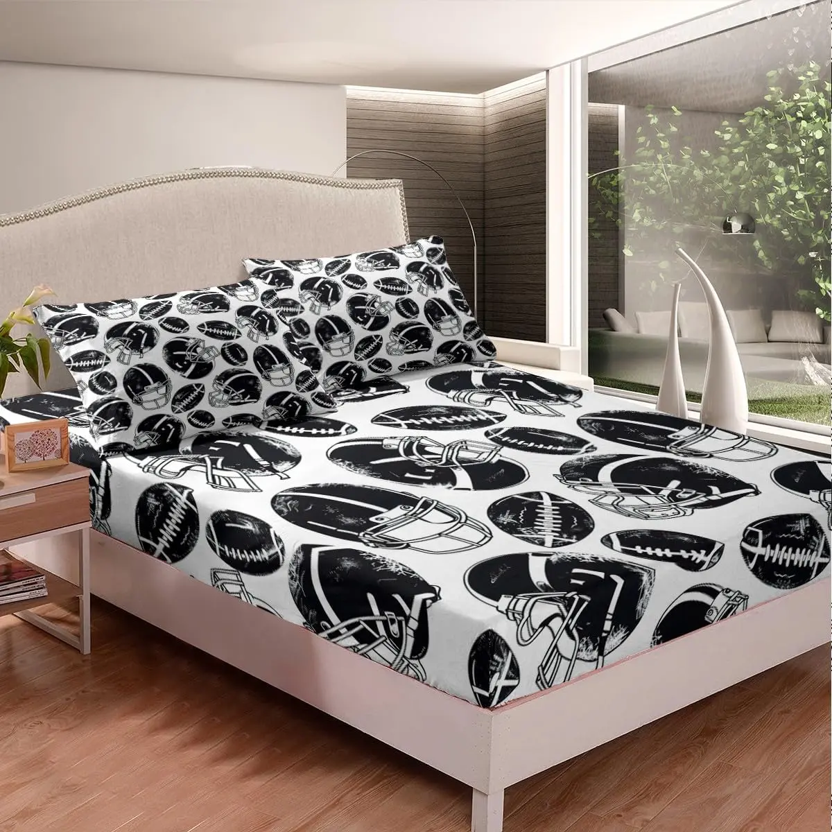 Feelyou Rugby Printed Bedding Set - Sports Theme Fitted Sheet, Decorative Football Pattern Covers, Black-White Design, Twin/Full Size, Matches Bed Mattress, Match With Bed Mattress