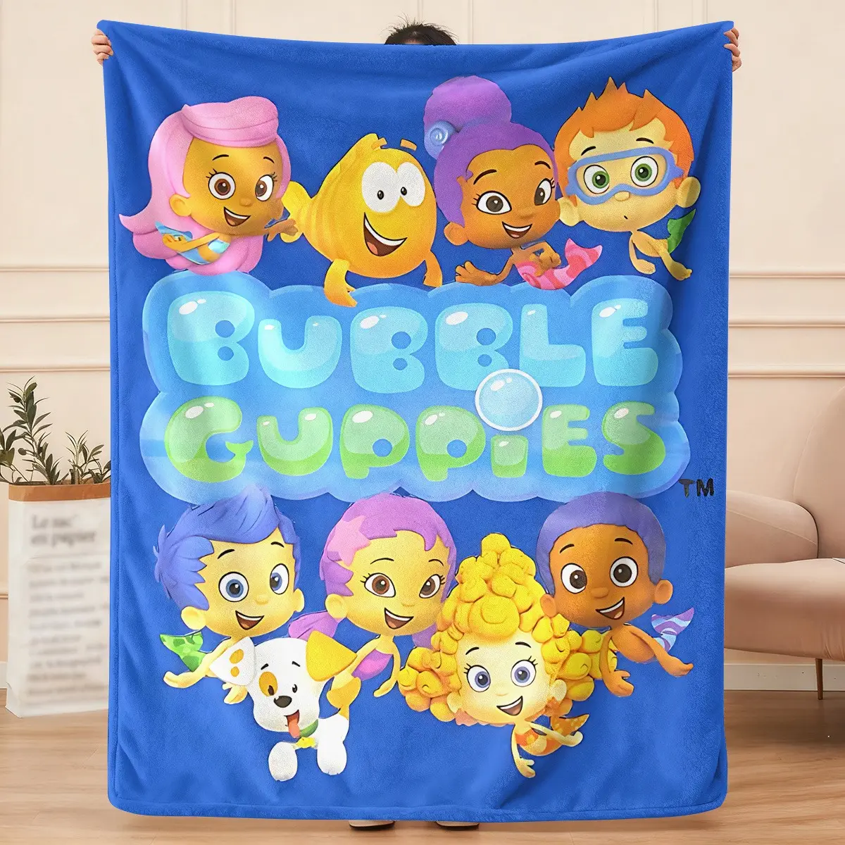 Bubble Guppies Inspired Cartoon Blanket Ultra Soft Lightweight Flannel Throw Cozy Warm Kids Blanket for Bedroom Living Room Travel Camping Nursery Decor Birthday Thanksgiving Halloween Easter Gift for Boys Girls Fans