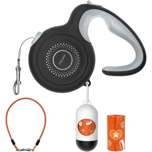 16Ft Auto-Brake Retractable Dog Leash with Chew-Proof Steel Cable, 360° Tangle-Free, Shock Absorbing, Built-in Poop Bag Dispenser, Ergonomic Comfort Grip Handle for Medium Large Dogs Up to 130lbs