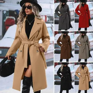 Women's collar thick medium length wool jacket pocket casual full sleeve double breasted blended jacket 2025 autumn/winter