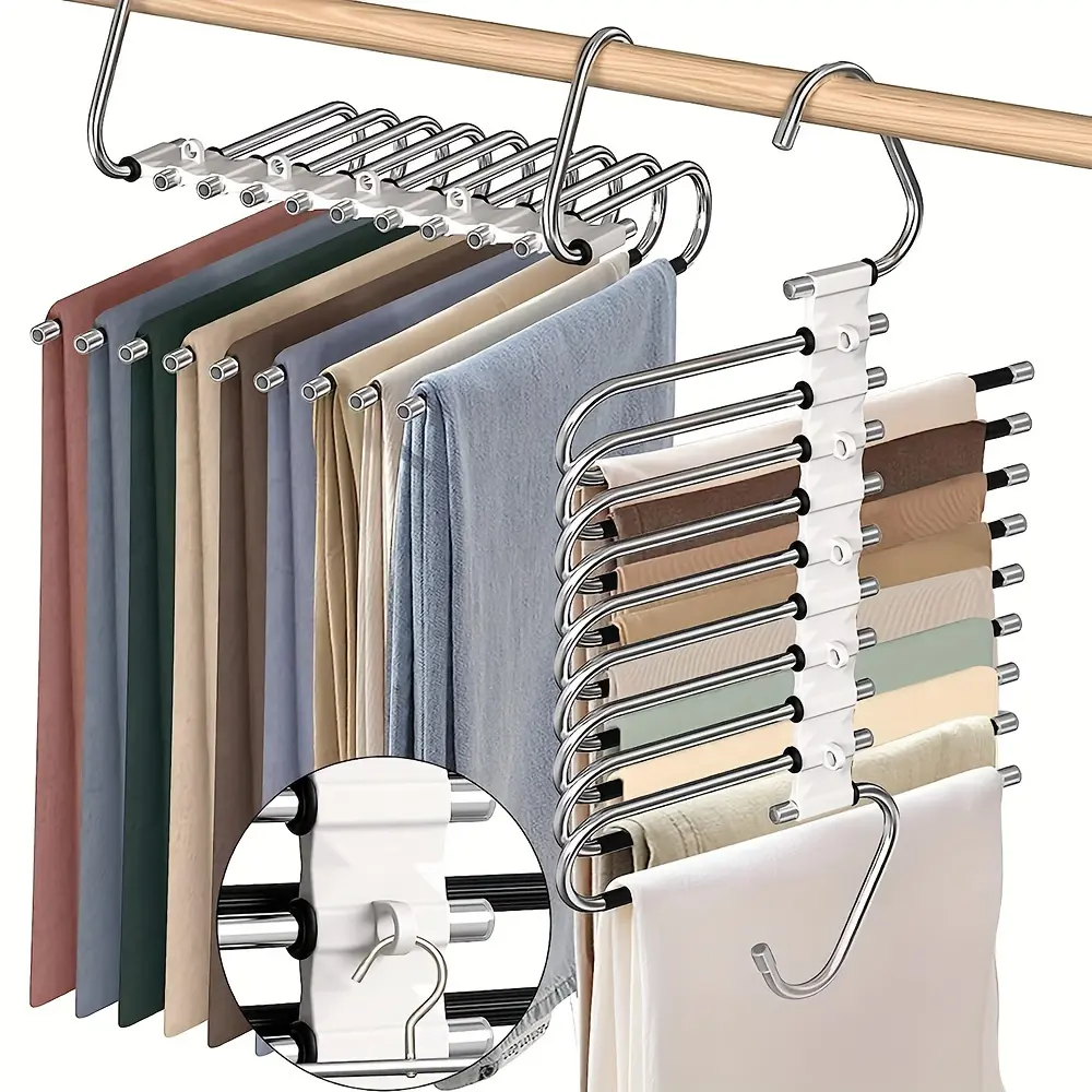 Space-Saving S-Type Pants Hangers with Clips - 9-Tier Non-Slip Organizer - Multifunctional Clothes Hanger - Extra 5 Hooks for Jeans, Leggings, Trousers - Increases Closet Space by 80% Adjustable Hooks Hanger Clothes Hanger Organizers