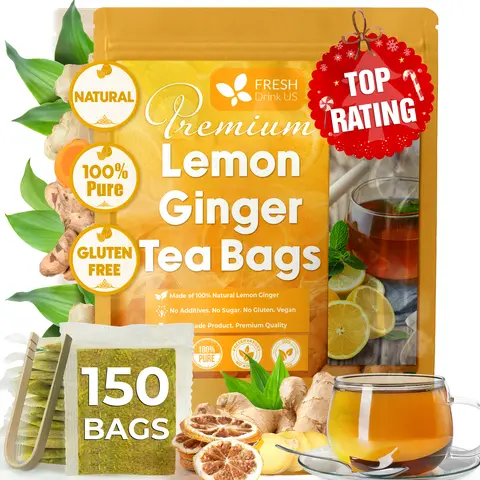 150 Lemon Ginger Tea Bags, 100% Natural Ingredients, Hand-made Blend of Lemon and Ginger Flowers, Eco-conscious Tea Bags. Lemon Ginger Herbal Tea. No Sugar, No Caffeine, No Gluten, Vegan. tea blends
