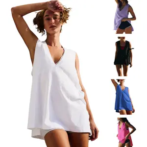 Yeokou Women's Minimalist Basic Lady Tank Tops - Summer Deep V-Neck Sleeveless Casual Loose Solid Blouses (Black Friday TikTokShop Pick)